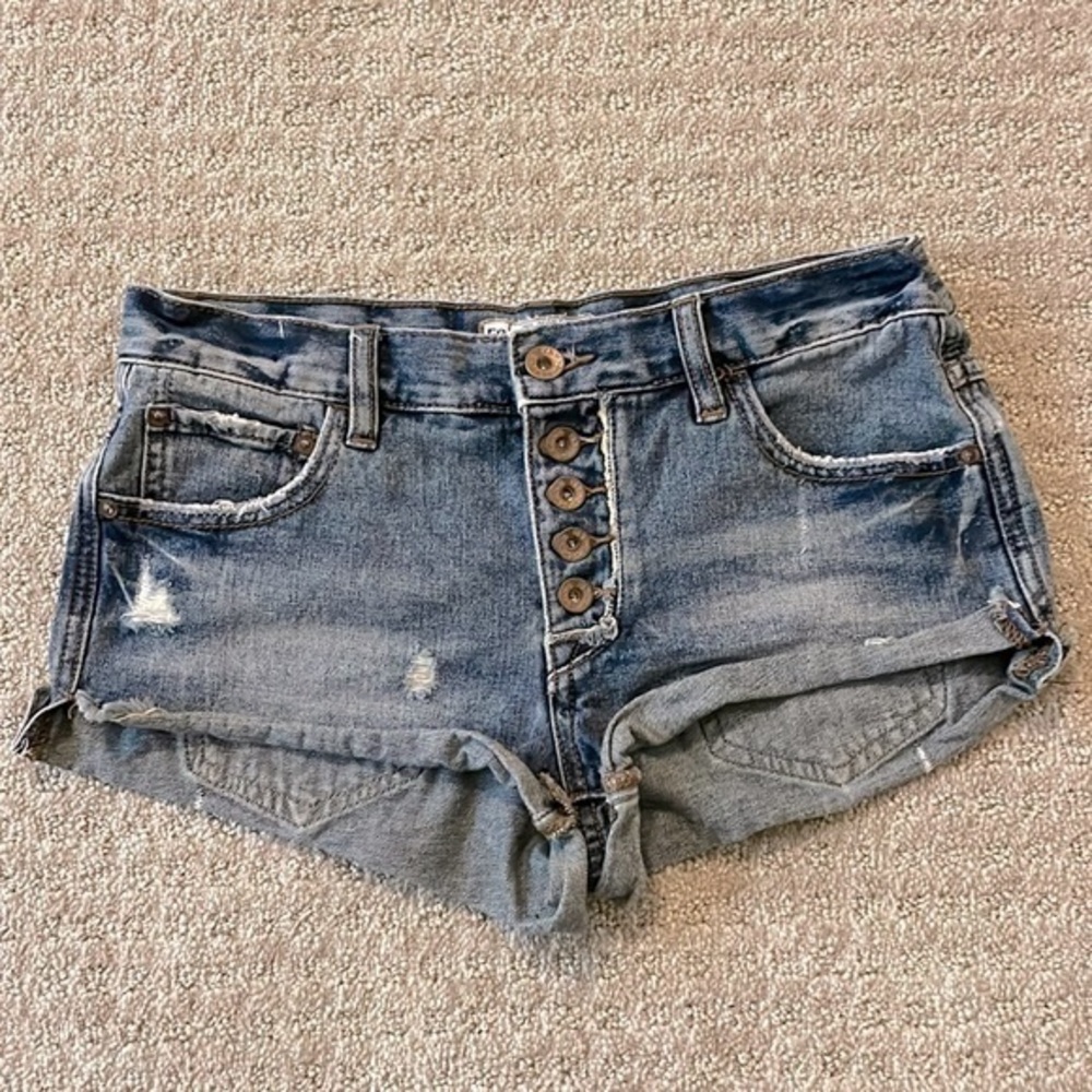 Free People Button Up Distressed Denim Shorts